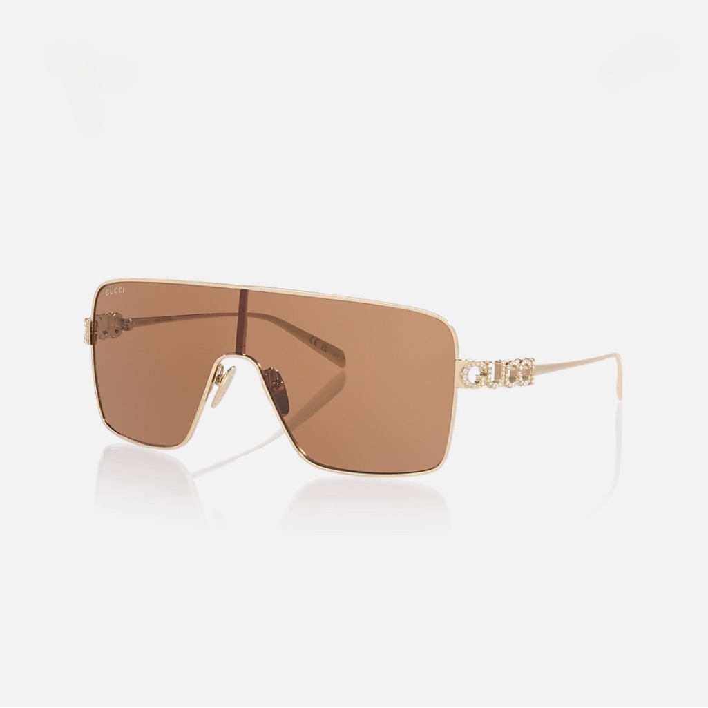Gucci Gold Frame Brown Shield Sunglasses With Crystal Gucci Temples